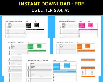Daily Food Journal | Food Diary | Sleep tracker | 5 Colors |  PDF Printable Journal |  Calorie Tracker | Planner Template  • A4/A5/Letter
