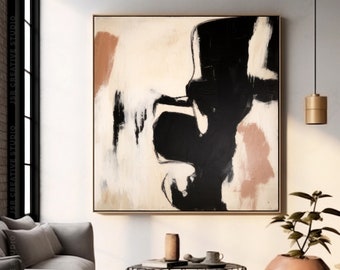 Extra Large Minimalist Abstract Painting On Canvas, Modern Beige And Black Canvas Wall Art, Contemporary Living Room Art, Custom Artwork