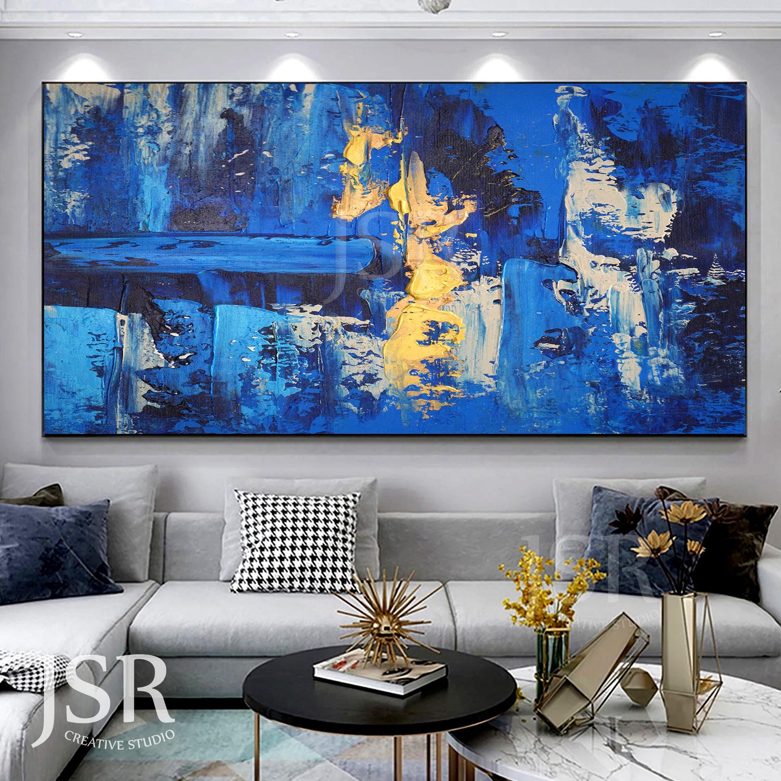 Blue Abstract Wall Art for Sale, Large Textured Painting, Navy and Gold