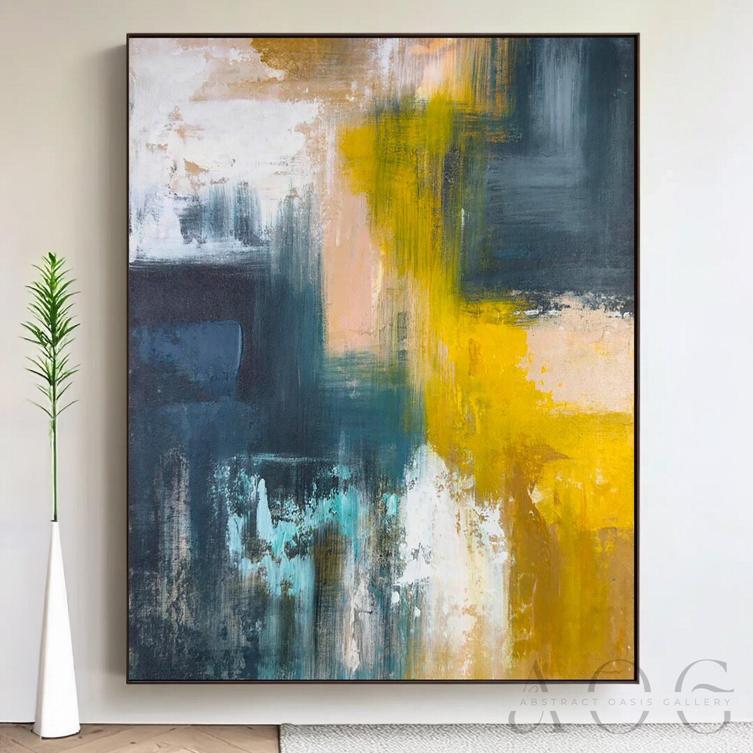 Yellow Blue Abstract Painting on Canvas, Large Modern Wall Art for ...