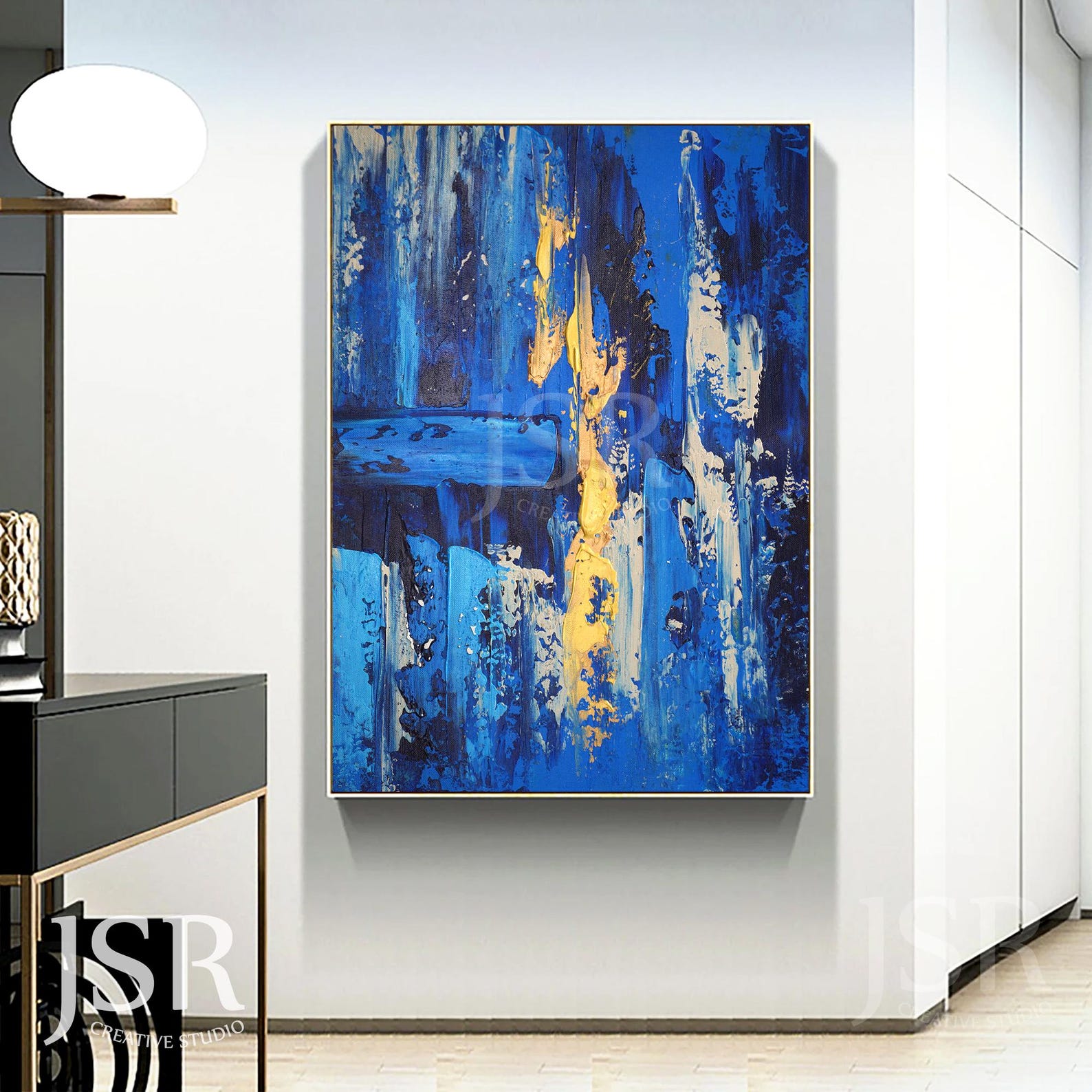 Blue Abstract Wall Art for Sale, Large Textured Painting, Navy and Gold