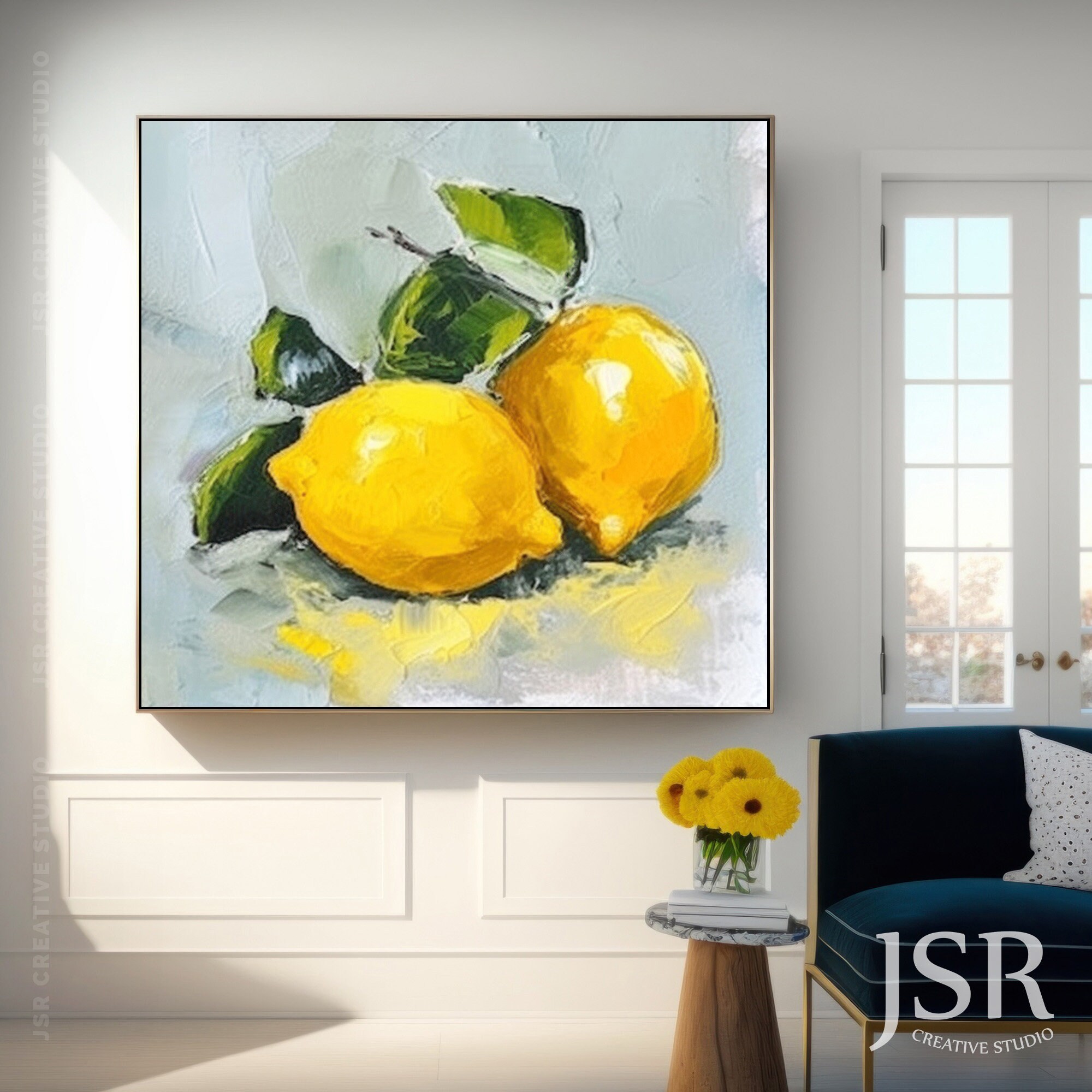 Original Textured Lemon Painting on Canvas, Fancy Handmade Yellow Wall