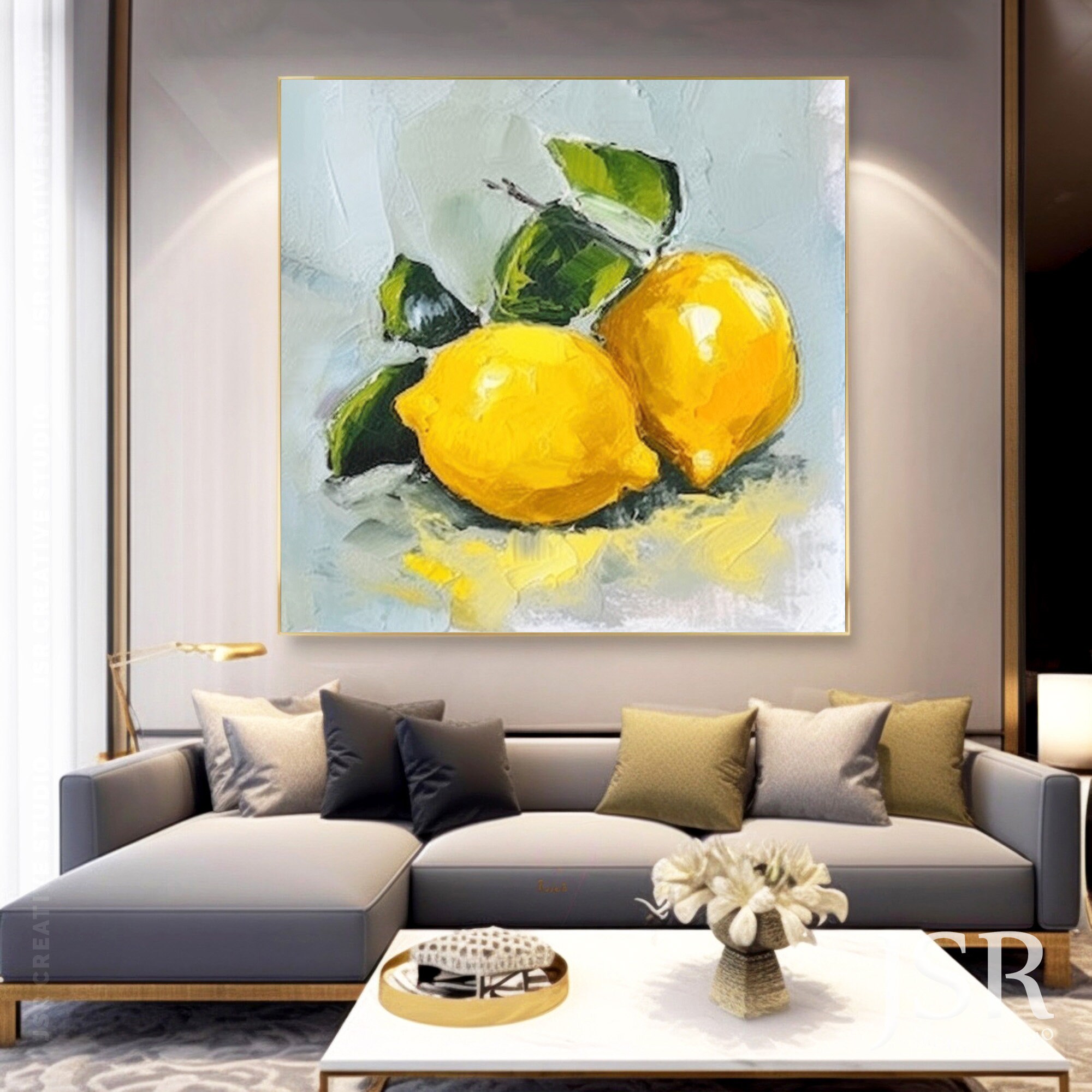 Original Textured Lemon Painting on Canvas, Fancy Handmade Yellow Wall
