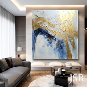 Pintura al óleo moderna con lámina de oro sobre lienzo, gran arte abstracto azul original, pintura con pan de oro y azul marino, sala de estar moderna Art Déco