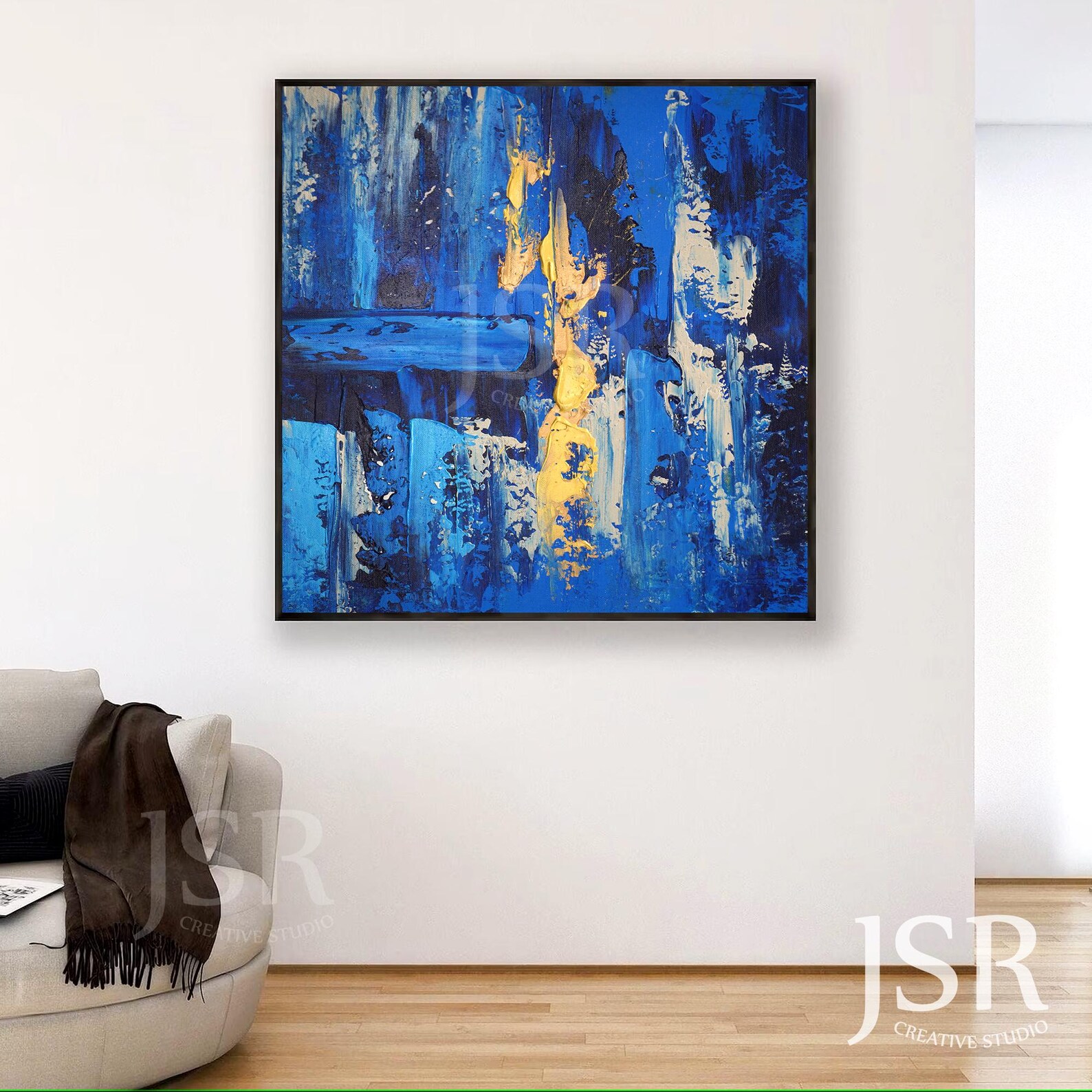 Blue Abstract Wall Art for Sale, Large Textured Painting, Navy and Gold