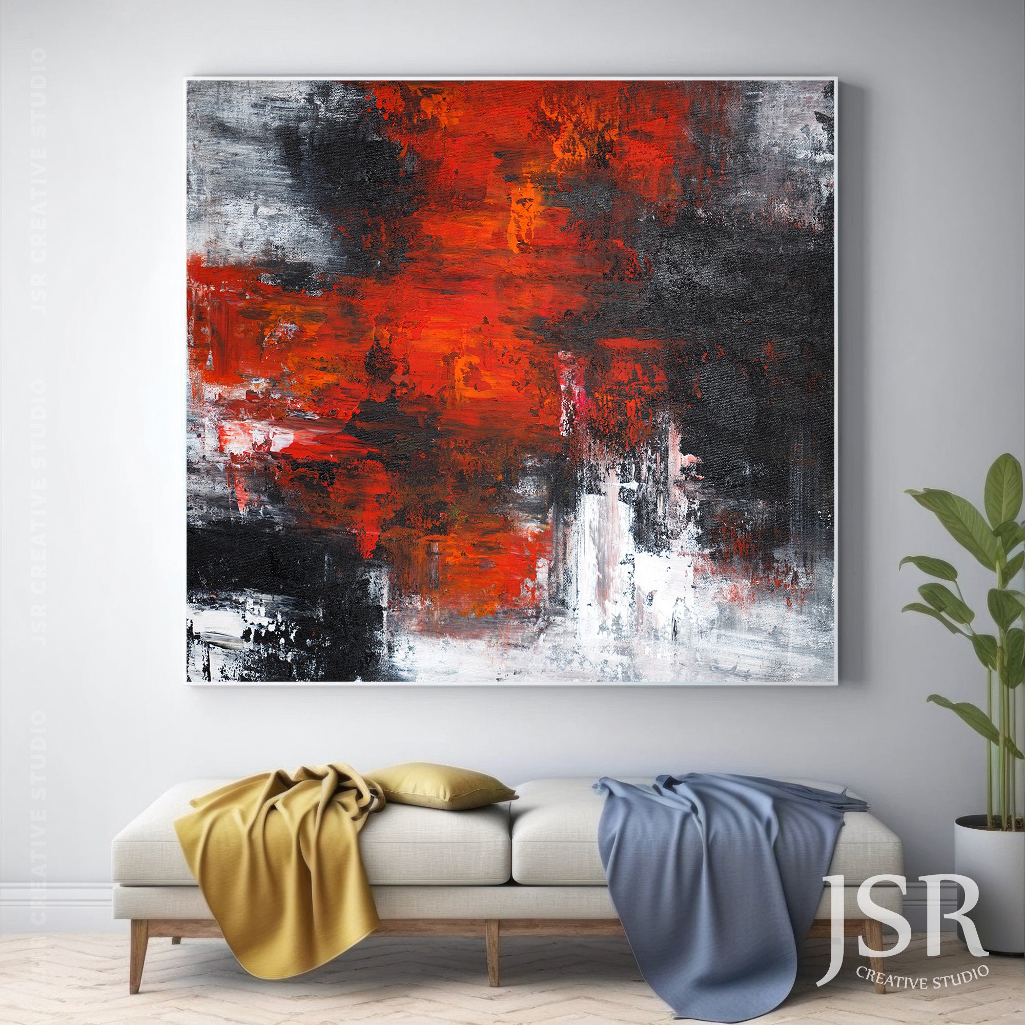 Oversize Vertical Handmade Oil Painting On Canvas Red White Modern