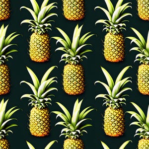 May include: A repeating pattern of yellow pineapples with textured, golden-brown skins and vibrant green, spiky leaves arranged in a grid formation against a solid, dark forest green background, creating a consistent and uniform botanical design.