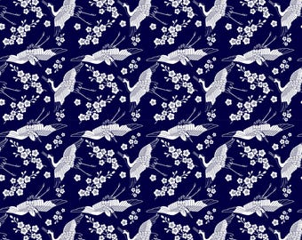 Indigo Crane Pattern Canvas, Japanese Cotton Polyester Fabric