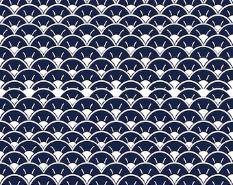 Navy Art Deco Canvas Fabric, Indigo Japanese Fish Scale Pattern