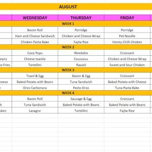Puede incluir: Un planificador de comidas de agosto amarillo, rosa y negro con un plan de comidas semanal para el desayuno, el almuerzo y el té. El plan de comidas incluye una variedad de alimentos, como tocino y huevos, pastel de pasta de pollo y sándwich de atún.
