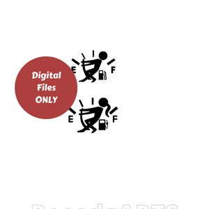 Könnte beinhalten: Zwei schwarz-weiße Tankanzeige-Symbole mit einer Strichmännchenfigur, die die Nadel in Richtung 'F' für voll drückt. Der Text 'Nur digitale Dateien' befindet sich in einem roten Kreis.