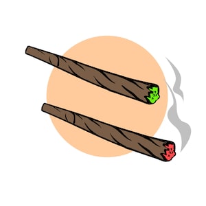 May include: Two hand-rolled cigarettes with green and red ends, set against a light orange background.
