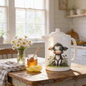 Cow Daisy Teapot, Personalized Farmhouse Porcelain | Bright White Finish | 44 Oz Capacity