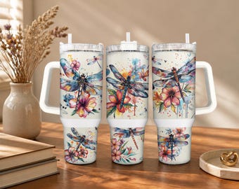 Dragonfly Tumbler | BPA Free Stainless Steel Insulated Cup - 30 40 Oz, Handle, Reusable Straw