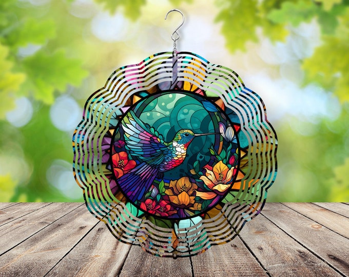 Beautiful Stained Glass Look Hummingbird Wind Spinner, Choice Of 3 Designs, Handmade Garden Decor, Hanging Ornament, Outdoor Garden Decor
