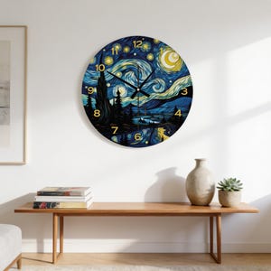 Starry Night, Tempered Glass Wall Clock | Brushed Aluminum | Gold Numerals | Black Hands | 3 Sizes