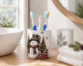 Snowman Ceramic, Toothbrush Cup | Bamboo Lid | 4.25 Inch Tall | Winter Bathroom Organizer