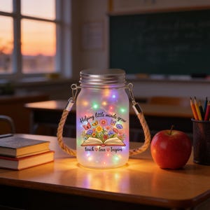 Teacher Floral Solar Lantern: Frosted Mason Jar with Rope Handle