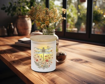 Rustic Floral Dragonfly Candle Jar: Frosted or Ceramic Holder