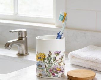 Toothbrush Holder - Wildflower White Ceramic, Bamboo Lid