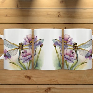 Dragonfly On Flower Ceramic Mug, 2 Size Choices, Dragonfly Lover Gift, Personalized Gift