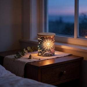 May include: A cylindrical lamp with a wooden lid featuring a celestial design of a glowing sun, crescent moon, and stars in shades of gold, orange, and deep blue. The lamp emits a warm light, illuminating the intricate patterns on its surface.