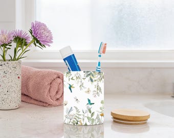 Hummingbird Floral Tooth Brush Holder | White Ceramic Tumbler | Bamboo Lid Storage