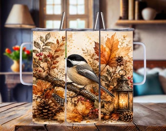 Cozy Woodland Scene, Watercolor Chickadee Tumbler | Stainless Steel |  15/20/30 Oz