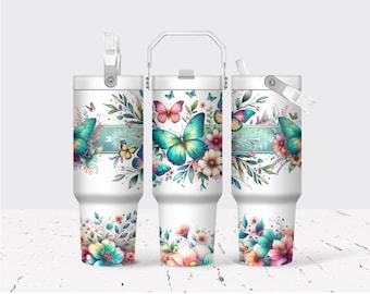 Floral Butterfly Tumbler with Handle: 30 Oz Insulated Stainless Steel