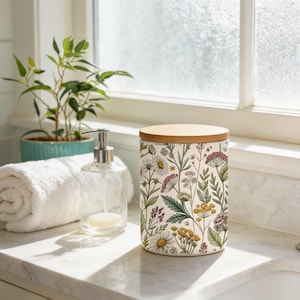 Vintage Floral White Ceramic Toothbrush Holder | Bamboo Lid, Makeup Tools Jar