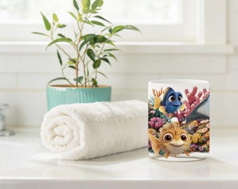 Sea Animal Ceramic Toothbrush Holder | Bamboo Lid | Space Saving Bathroom Cup