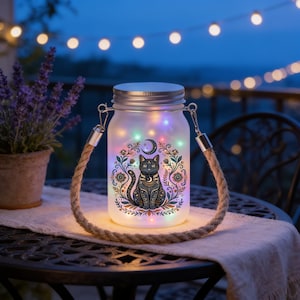 May include: A frosted glass mason jar lantern featuring a graphic of a black cat surrounded by floral patterns and a crescent moon. The jar has a silver metal lid and a thick jute rope handle, illuminated from within by multicolored LED lights.
