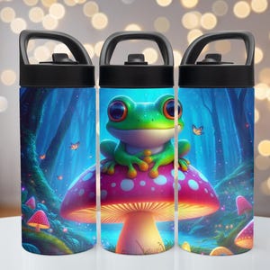 Cute Frog On Mushroom 15 Or 20 Oz Flip Spout Water Bottle, Personalized Gift, Kids Tumbler, Frog Gift