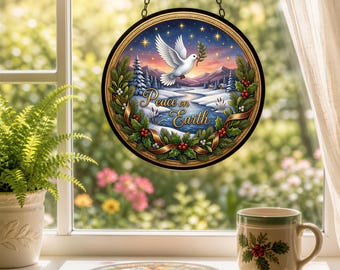 Peace On Earth Glass Suncatcher | Black Frame | Metal Ring Chain | 3 Sizes