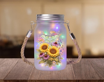 Coneflower Moth Solar Lantern: Frosted Mason Jar with Rope Handle