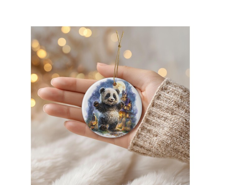 A hand holding a decorative ornament featuring a panda bear against a night sky background.