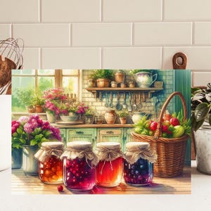 May include: A kitchen scene illustration featuring four glass jars filled with colourful fruit preserves, each topped with a tied fabric cover. Beside the jars sits a woven wicker basket overflowing with fresh fruits, set against a backdrop of a rustic kitchen counter, shelves with hanging utensils, and potted flowers.