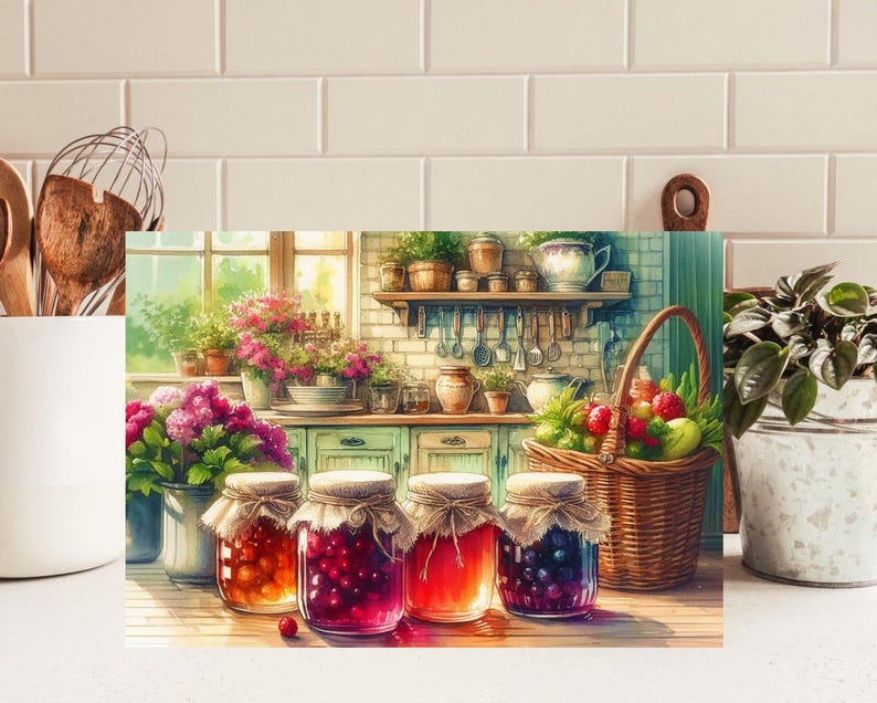 May include: A kitchen scene illustration featuring four glass jars filled with colourful fruit preserves, each topped with a tied fabric cover. Beside the jars sits a woven wicker basket overflowing with fresh fruits, set against a backdrop of a rustic kitchen counter, shelves with hanging utensils, and potted flowers.
