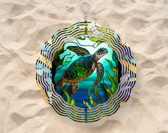 Sea Turtle Under The Sea Wind Spinner, Stained Glass Look, Ocean Theme Yard Decoration, Nautical Outdoor Decor, Coastal Home Accent