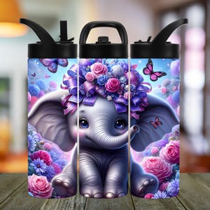 Baby Elephant Floral 16 Or 20 Oz Flip Spout Water Bottle, Personalized Tumbler, Kids Tumbler, Elephant Gift