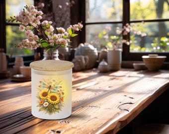 Sunflower Dragonfly Candle Jar: Frosted or Ceramic Holder