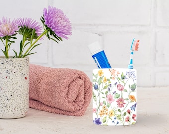 Wildflower Blossom - Toothbrush Cup - White Bamboo Lid, Bathroom Organizer