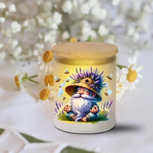 Lavender Yoga Gnome Candle Jar: Frosted Glass or Ceramic with Bamboo Lid