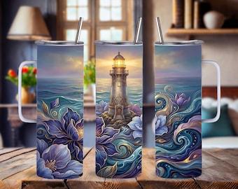 Blue Floral Lighthouse Stainless Steel Tumbler: Personalized, 15/20/30 Oz
