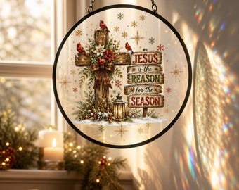 Jesus The Reason Glass Suncatcher | Black Frame | Metal Ring Chain | 3 Sizes