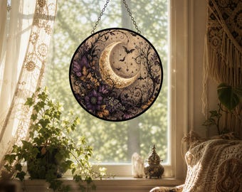 Floral Bat Glass Suncatcher - Black Frame | Metal Ring, Chain | 3 Sizes