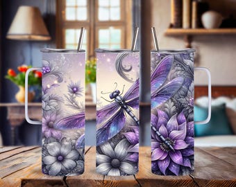 Purple Floral Dragonfly Stainless Steel Tumbler, Personalized Gift With Or W/O Handle