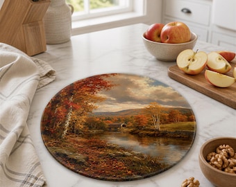 Autumn Covered Bridge Tempered Glass Cutting Board - 12 Inch Round | Rubber Feet Base