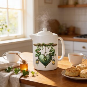 May include: A white ceramic teapot with a lid, emitting steam. The front features a graphic of a green heart hanging from a wooden branch, surrounded by green vines and two small lanterns. The teapot is positioned on a wooden surface.