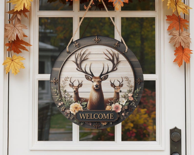Op de afbeelding: Een ronde houten welkomstbord met een hertenfamilie met grote geweien en bloemaccenten. Het bord heeft een donkere houten rand en een lichte houten achtergrond met het woord "WELCOME" onderaan. Het hangt aan een witte deur.